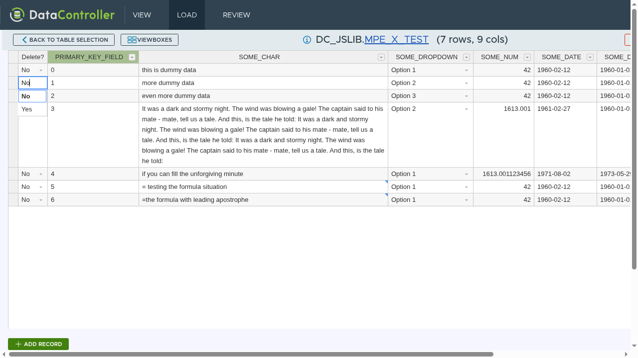 The editor with the client-owned Delete? column first and its No/Yes dropdown open